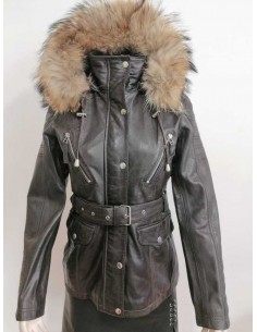 Chaqueta de Piel Acolchada con Capucha de Pelo Natural