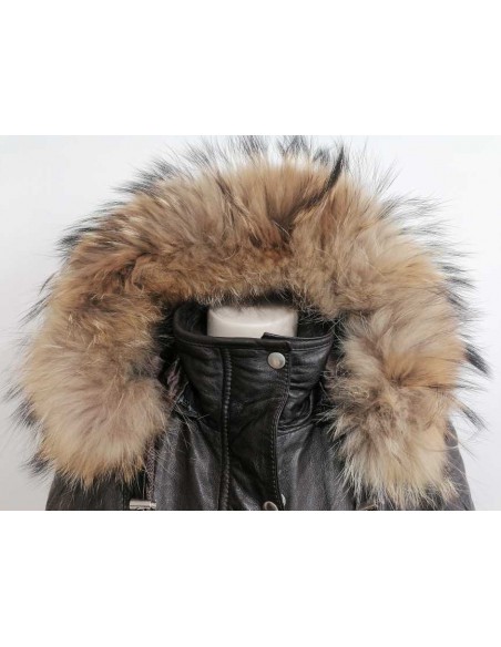 Chaqueta de Piel Acolchada con Capucha de Pelo Natural