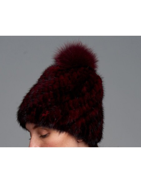 Gorro de visón tricotado con pompón