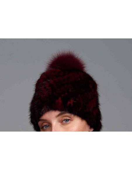 Gorro de visón tricotado con pompón