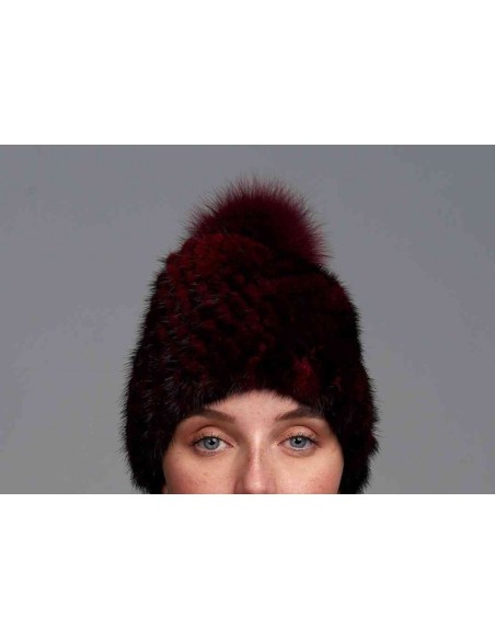 Gorro de visón tricotado con pompón