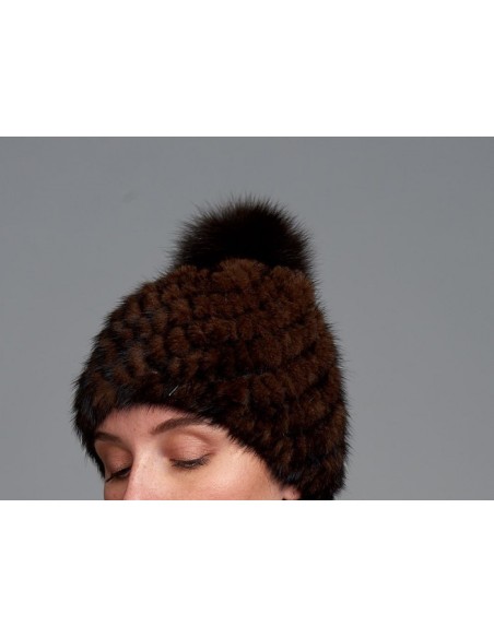 Gorro de visón tricotado con pompón