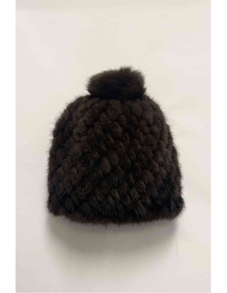 Gorro de visón tricotado con pompón