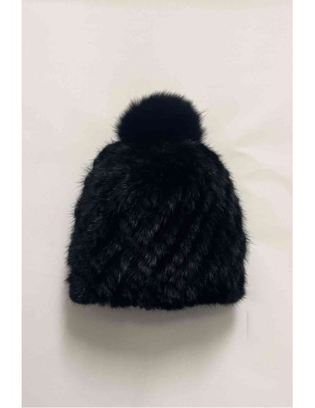 Gorro de visón tricotado con pompón