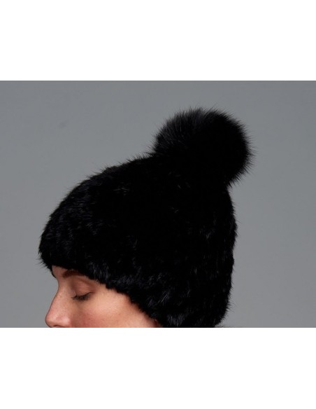Gorro de visón tricotado con pompón