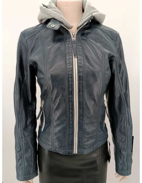 Cazadora de piel capucha de paño desmontable