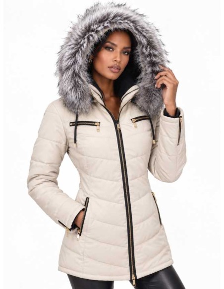 Chaqueta de piel acolchado con capucha desmontable