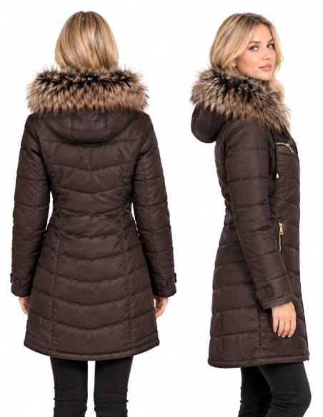 Abrigo de piel para mujer calidad extra, con capucha desmontable y confección acolchada.